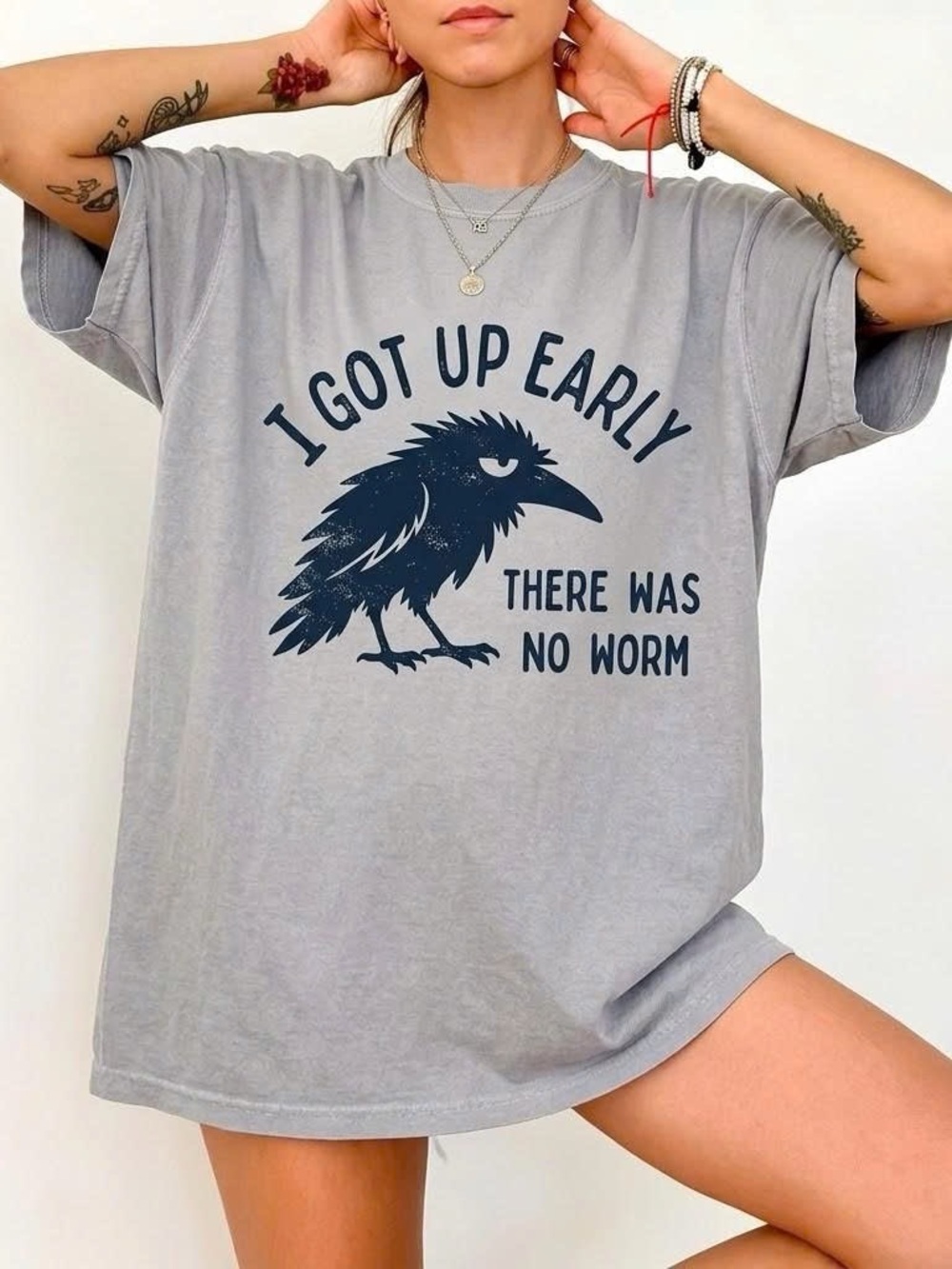 I Got Up Early There Was No Worm - Funny Crow Tee Grey